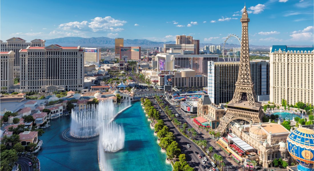 The Las Vegas Strip with the Bellagio fountains mid-show